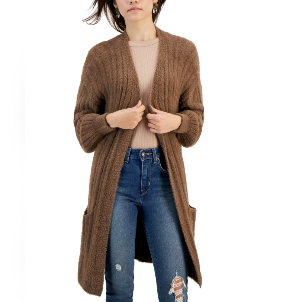 Hippie Rose Juniors' Eyelash Ribbed Open-Front Cardigan - Coco Ash large